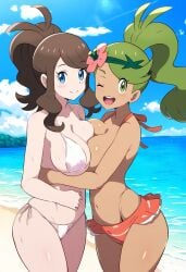 2girls ai_generated beach blush breasts breasts_out breasts_to_breasts cleavage female female_only hilda_(pokemon) hugging human mallow_(pokemon) multiple_girls nintendo pokemon su_whore_(artist) thighs yuri