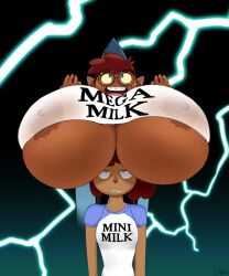 2girls aged_up alternate_breast_size busty camp_camp curvy dark-skinned_female dark_skin female female_only glasses gwen_(camp_camp) hyper large_breasts mega_milk meme mini_milk multiple_girls nerris_(camp_camp) park_ranger rooster_teeth sanka-tetsu text text_on_clothing text_on_shirt