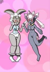 2girls animate_inanimate anthro breasts brokenrekordbro diancie diaper diaper_fetish female female_only hi_res magearna mineral_fauna multicolored_body multiple_girls pokémon_(species) pokemon pussy robot robot_girl tagme