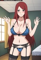 ai_generated aindroidparanoid bedroom big_breasts boruto:_naruto_next_generations bra breasts cameltoe cleavage gray_eyes hands_up huge_breasts indoors kushina_uzumaki large_breasts lingerie naruto naruto_(classic) naruto_(series) naruto_shippuden nipples panties red_hair stable_diffusion tight_clothing uzumaki_kushina