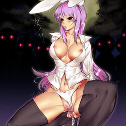 1girls audience black_thighhighs blush bowalia breasts bunny_ears censored cleavage condom condom_in_pussy cum cum_drip drooling exposed_nipples female female_focus japanese_text large_breasts long_hair navel nipples open_shirt outdoors panties panties_aside parted_lips pink_condom pink_hair pink_pubic_hair pubic_hair pulling_condom red_eyes reisen_udongein_inaba saliva shirt spread_legs squatting sweat text thighhighs thighs toned toned_female touhou white_panties