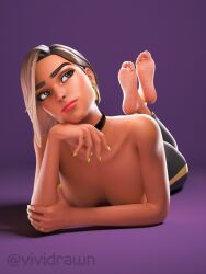 antonia_(fortnite) ebony feet feet_together feet_up fortnite fortnite:_battle_royale purple_background the_pose topless vividrawn