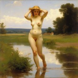 ai_generated belly blonde_hair blue_eyes breasts curly_hair curvy lips long_hair navel nipples nude nude_female presenting puddle realistic small_breasts smile solo water william_bouguereau