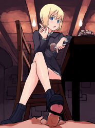 blue_eyes bottomless censored chair clothing crossed_legs domination erica_hartmann feet female femdom footjob fork highres male penis pov shibafu_(glock23) shoejob shoes short_hair sitting small_penis straight strike_witches uniform