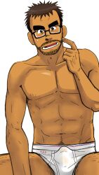 10s 1boy 2018 beard blush briefs brown_hair bulge erection gay glasses human male male_only muscular muscular_male nipples pee_stain simple_background solo spread_legs stain sweat sweatdrop taku_hiraku underwear urine white_background