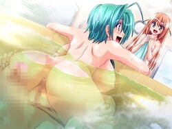 1boy 2girls akaza almost_caught anus aqua_hair ass backboob bath bathroom bathtub bent_over breast_smother breasts breasts_apart censored clock cowgirl_position cuckquean dripping duo erection female game_cg huge_breasts imminent_sex long_hair male mixed_bathing mosaic_censoring nervous nipples nonomiya_yuzu nude open_mouth orange_hair partially_submerged penis pussy shinohara_itsuki short_hair smile smothering stealth_sex steam steamy sweatdrop unaware_of_sex walk-in water wet yuugeki_keikan_patvessel