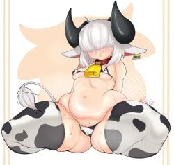 1girls belly bikini blush cow_ears cow_girl cow_horns cow_print cow_print_bikini cow_print_thighhighs cow_tail cowbell ear_tag female female_only hair_between_eyes horns klebo_stuff kneeling medium_hair small_breasts solo tail tail_tuft thick_thighs thighhighs uya_(klebo_stuff) very_high_resolution white_hair