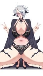 areola_peek areolae_slip areolae_visible_through_clothing au_ra bbw big_breasts final_fantasy_xiv glasses green_eyes huge_breasts ikaroa_ruaumoko nipple_slip scales squatting squatting_position swimsuit tail white_background white_hair xaela