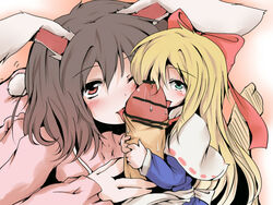 blonde_hair blush bow brown_hair bunny_ear censored collaborative_fellatio doll fellatio fur hairband long_hair minigirl multiple_fellatio naughty_face nejime oral penis shanghai_doll short_hair tail teamwork tewi_inaba touhou