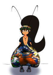 1girls annoyed antennae antennae_(anatomy) baseball_cap black_hair black_shirt breast_stretch_marks breasts breasts_bigger_than_body breasts_bigger_than_torso busty cap cleavage clothing cross_necklace dark_hair dragon_ball dragon_ball_z earrings eyebrows female female_only footwear front_view frown frown_eyebrows frowning_at_viewer graphic_tee hair hat headwear high_ponytail huge_breasts human jpm long_breasts long_eyebrows long_hair looking_at_viewer necklace original_character pendulous_breasts ponytail print_shirt sagging_breasts saggy_breasts serious_face shirt shoes short_female short_sleeves skull_earrings small_but_busty snapback sneakers solo standing staring_at_viewer stretch_marks t-shirt tan-skinned_female tan_skin top_heavy torpedo_breasts very_long_eyebrows very_long_hair white_background wide_brim wide_ponytail yellow_eyes yellow_footwear yellow_sneakers