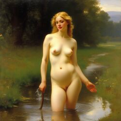 ai_generated belly blonde_hair blue_eyes breasts curly_hair curvy lips long_hair navel nipples nude nude_female presenting pubic_hair puddle realistic small_breasts smile solo water william_bouguereau