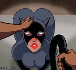 1girls batman:_the_animated_series batman_(series) blu-moonarms blue_eyes blush bodysuit catwoman catwoman_(dcau) costume dc dc_comics dcau female female_focus femsub male_pov pov spandex straight whip