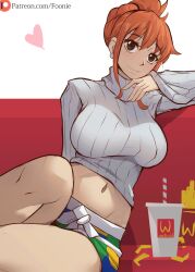 1girls busty earrings episode_of_luffy female female_only foonie_xd light-skinned_female light_skin mcdonald's midriff nami one_piece patreon_username post-timeskip relaxing shorts smiling solo sweater