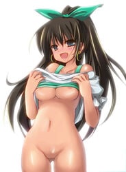 1girls areolae black_hair blue_eyes blush bottomless breasts cute_fang female ganaha_hibiki hair_ribbon idolmaster jewelry no_pussy ponytail ribbon sen_(astronomy) shiny shiny_skin shirt_lift simple_background solo tied_hair underboob