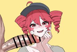 +_+ 1boy 1girls baseball_cap big_penis black_hat blush censored grey_shirt hand_on_own_cheek hat huge_cock imminent_sex kasane_teto open_mouth override_(synthesizer_v) penis red_eyes red_hair shirt simple_background smug solo_focus straight synthesizer_v testicles twin_drills veiny_penis yellow_background yuuki_fumi_(organic_flavor)