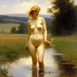 ai_generated belly blonde_hair blue_eyes breasts curly_hair curvy lips long_hair navel nipples nude nude_female presenting puddle realistic small_breasts smile solo water william_bouguereau