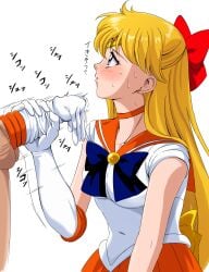 1boy absurdres afterimage bishoujo_senshi_sailor_moon blonde_hair blue_bow blush bow breasts choker clothed_female_nude_male clothing collarbone covered_navel cum_in_gloves earrings elbow_gloves female glove_on_penis gloved_handjob glovejob gloves gloves_removed hairbow handjob highres jewelry long_hair looking_at_another medium_breasts minako_aino motion_lines nude orange_choker orange_skirt orgasm out_of_frame partial_male penis penis_in_glove profile red_bow ribbon sailor_collar sailor_venus simple_background single_elbow_glove single_glove skirt small_breasts sound_effects sweat takatsuki_p testicles tiara twitching twitching_penis unworn_gloves white_background white_gloves yellow_bow