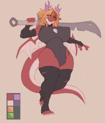 anthro big_breasts blonde_hair dragon dragon_girl futa_only futanari green_eyes gynomorph horns muscular_futanari ryla stockings tagme tail weapon weapon_over_shoulder wings wyntersun