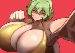 1girls big_breasts bra breasts closed_eyes green_hair huge_breasts light-skinned_female light_skin mature_female milf smile smiling smiling_at_viewer threatening_viewer touhou yuka_kazami