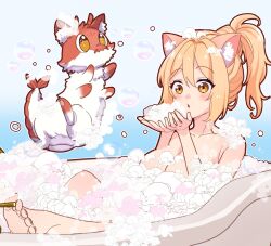 animal_ear_fluff animal_ears barefoot bath bathing bathtub blonde_hair blush breasts bubble cat_ears cleavage completely_nude ebiko_(vtuber) feet female large_breasts nude ponytail soap_bubbles soap_censor soles toes virtual_youtuber yellow_eyes