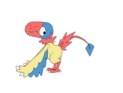 ambiguous_gender animated archen avian_feet beak blue_body blue_feathers claws closed_eyes feathered_wings feathers feces feces_on_ground feces_pile feet feral fossil_pokemon generation_5_pokemon jadeder looking_back narrowed_eyes nintendo pokemon pokemon_(species) pooping_on_floor raised_tail red_beak red_body red_feathers scat signature simple_background solo tail talons teeth toes toothed_beak white_background wings yellow_body yellow_feathers