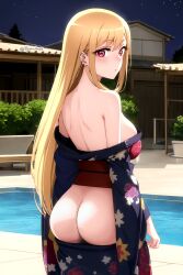 1girls ai_generated ass blonde_hair female female_only human kimono_down kitagawa_marin lifted_by_self long_hair looking_at_viewer looking_back nekom14 solo sono_bisque_doll_wa_koi_wo_suru undressing