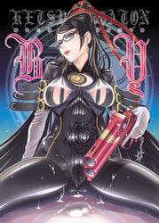 bayonetta bayonetta_(character) black_hair blue_eyes bodysuit breasts cum earrings female female_only glasses gloves gun handgun jewelry lipstick lollypop long_hair makeup mole pierre_norano pistol sega skin_tight solo very_long_hair weapon