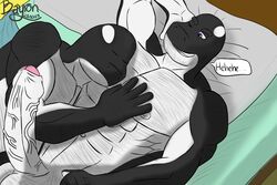 anthro balls bayron_(artist) bed black_skin boner cetacean duo erection furry furry_only hair hairy hansol humanoid_penis male male_only mammal marine muscular muscular_male no_humans nude orca penis pillow purple_eyes sawyer_(bayron) sleeping text uncut vein whale white_skin yaoi