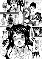 comic copyright_request fellatio female formal highres idol monochrome necktie oral penis soba_(artist) soba_(saz) suit text tied_hair translation_request twintails