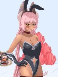 assarigi black_body breasts bunny_ears bunny_tail bunnysuit busty dark-skinned_female dark_skin facial_mark facial_markings female female_focus female_only guardian_tales ice_witch_lupina_(guardian_tales) kemonomimi long_hair lupina_(guardian_tales) medium_breasts piercing pink_hair tongue tongue_out twintails white_hair wolf wolf_ears wolf_girl yellow_eyes