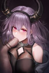 1boy 1girls absurdres arknights bar_censor black_hairband breasts censored dark-skinned_male dark_skin fellatio female hairband highres horns large_breasts light-skinned_female light_skin long_hair onedr oral out_of_frame penis pointless_censoring purple_eyes purple_hair saliva_on_penis tears typhon_(arknights)