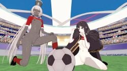 /lcg 2girls black_hair blush charon_(limbus_company) commentary_request crowd exhibitionism grey_skin koikatsu korean_commentary library_of_ruina limbus_company multiple_girls on_knees pale_skin pantless posing project_moon soccer soccer_ball soccer_field soccer_shoes soccer_uniform stadium white_hair zena_(library_of_ruina)