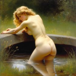 ai_generated ass back back_view big_ass blonde_hair curly_hair curvy lips long_hair nude presenting puddle realistic small_breasts smile solo water william_bouguereau