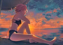 1girls beach beach_umbrella bikini black_bikini breasts cleaned cloud cloudy_sky female gradient_sky highres horizon legs medium_breasts naruto naruto_(series) naruto_shippuden ninja ocean official_art orange_sky outdoors outside pink_hair sakura_haruno sand seaside sitting sky solo sumirecchi sunset swimsuit thinking third-party_edit umbra_(edits_umbra) umbrella water