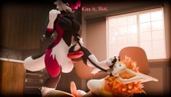 16:9 3d_(artwork) 4_toes anthro balls barefoot big_balls big_penis black_body black_fur black_nose black_pawpads blender_cycles breasts circumcised claws day degradation detailed_background dialogue digital_media_(artwork) domestic_cat dominant dominant_gynomorph dominant_intersex duo erection feet felid feline felis foot_fetish foot_on_face foot_play fur furniture genitals glowing glowing_eyes glowing_hair gynomorph hair hi_res humanoid_genitalia humanoid_penis inner_ear_fluff inside intersex intersex/intersex kitchen leash leash_pull leg_markings looking_at_another looking_at_viewer mammal markings nerthus_(vaqueroserg) nude open_mouth orange_body orange_fur orange_hair orange_penis pawpads paws penis pink_body pink_fur pink_hair pink_penis plantigrade smile soles submissive submissive_intersex tail teeth text toes tuft vaqueroserg vulper white_body white_fur widescreen