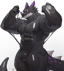 2024 2_horns abs anthro barazoku biceps biped black_body dragon flexing flexing_bicep flexing_both_biceps goo_dripping horn looking_at_viewer male muscular muscular_anthro muscular_male mythological_creature mythological_scalie mythology null_bulge pecs purple_eyes scalie solo uriex