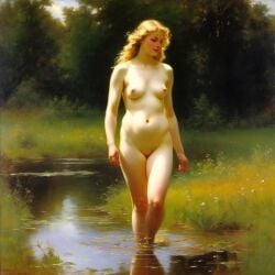 ai_generated belly blonde_hair blue_eyes breasts curly_hair curvy lips long_hair navel nipples nude nude_female presenting puddle realistic small_breasts smile solo water william_bouguereau