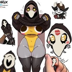 ass big_ass big_breasts big_thighs black_sclera blush breasts cloak cross female flushed_emoji_shirt gigantic_ass gigantic_breasts gigantic_thighs gloves hood huge_ass huge_breasts huge_thighs kneeling looking_at_viewer margaret_(vetisx) mask meme original plague_doctor sharp_fingernails stockings sweat tagme thick_hips thick_thighs thighhighs thighs tight_clothing vetisx voluptuous wholesome yellow_eyes