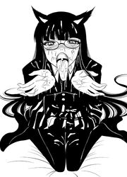 animal_ears big_tongue cat_ears cum cum_in_mouth cum_on_tongue facial female_protagonist_(houkago_play) femsub glasses houkago_play kiyose long_hair long_tongue monochrome pantyhose solo submissive_female tongue very_long_hair