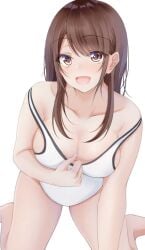 big_breasts brown_hair collarbone eyebrows eyebrows_visible_through_hair female_only gold_eyes looking_up open_mouth original_character pulling_swimsuit sideboob sitting swimsuit thick_thighs white_swimsuit zeroamu