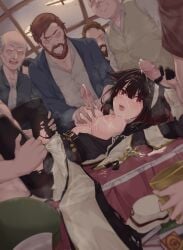 2d being_watched black_hair blush breast_grab cum_inside cum_on_breasts cum_on_face female female_focus final_fantasy_xiv gangbang groping gueya_(gueyasan) handjob_while_penetrated indoors large_breasts male male_watching miqo'te pantyhose rape_face