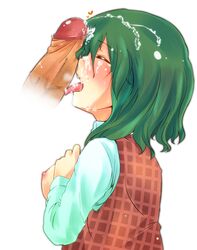 1girls breasts breasts_out censored closed_eyes cum cum_in_mouth cum_on_hair cum_on_tongue facial fellatio green_eyes green_hair hand_on_own_chest humanoid licking nipples oral partial_male penis plaid plaid_vest pointless_censoring short_hair team_shanghai_alice tomare tongue touhou youkai yuka_kazami yuuka_kazami