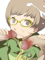 brown_eyes brown_hair cum cum_in_mouth cum_on_hair facial fellatio female glasses male male_on_tomboy oral penis persona persona_4 satonaka_chie short_hair straight ta_(tama20150125) tomboy yellow-framed_glasses