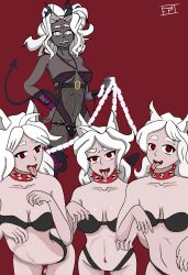 4girls alternate_version_available cerberus_(helltaker) demon demon_horns dog_ears female female_only helltaker judgement_(helltaker) long_hair pepi red_eyes tagme white_hair