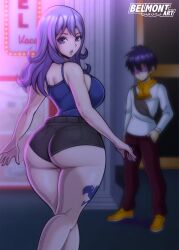 1boy 1girls ass belmont big_breasts blue_eyes blue_hair blue_tank_top blue_tattoo booty_shorts breasts bubble_butt fairy_tail fairy_tail_mark female juvia_lockser large_ass larger_female long_hair looking_back male pale-skinned_female pale-skinned_male pale_skin purple_hair romeo_conbolt scarf sideboob smaller_male spankable_ass sunglasses tank_top tattoo tattoo_on_leg tattoo_on_legs tattooed_leg white_shirt yellow_scarf yellow_shoes