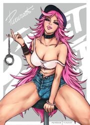 1futa 2019 balls big_breasts breasts bulge bulge_through_clothing cap cleavage clothed clothing collar collared cuffs flaccid fully_clothed futa_only futanari genital_outline human licking_own_lips light-skinned_futanari light_skin long_hair military_hat penis pink_hair poison_(final_fight) pururart short_shorts solo street_fighter thick_thighs