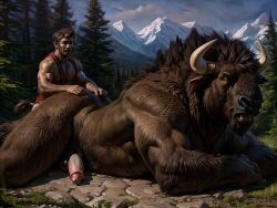 2024 ai_generated american_bison anal anal_sex anthro ass balls bison bovid bovine doggy_style furry gay horns human_on_anthro lying lying_on_stomach male/male male_human/male_anthro mammal mountain muscular muscular_male outdoors penis sex shirokuma9173 small_dom_big_sub tagme tail yaoi