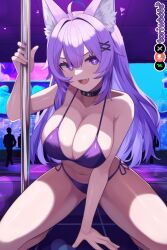 1girls :3 :d ai_generated big_breasts bikini breasts collar curvy cute dog_ears dog_girl doggirl female female_focus female_only highres hips huge_boobs huge_breasts kemonomimi kneeling light_skin light_skinned_female long_hair looking_at_viewer nightclub on_knees patreon_username petgirl purple_ears purple_eyes purple_hair purple_tail stripper stripper_pole teeth thick_thighs thighs tori toriwoofs watermark wavy_hair white_skin white_skinned_female wide_hips wolf_ears