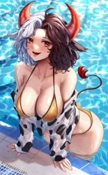 animal_ears animal_print arched_back artist_name ass bare_shoulders bikini breasts brown_hair collarbone commentary cow_ears cow_horns cow_print cow_tail english_commentary enma_(enmanuelart) female grey_hair hanging_breasts highres horns large_breasts long_sleeves looking_at_viewer mature_female medium_hair milf multicolored_hair open_mouth parted_bangs pool sleeves_past_wrists smile solo swimsuit tail tail_raised thighs touhou two-tone_hair urumi_ushizaki ushizaki_urumi water wet yellow_bikini