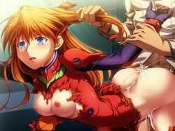 1girls akari_maki arched_back arm_grab ass asuka_langley_sohryu bent_over blue_eyes blush bodysuit breasts censored clothed_sex clothes clothing cum cum_drip cum_inside cum_on_ass cum_on_body cum_on_lower_body doggy_style empty_eyes female from_behind gainax hair hair_grab hair_ornament hair_pull hands human light-skinned_female light_skin long_hair male medium_breasts neon_genesis_evangelion nipples open_mouth orange_hair penis pilot_suit plugsuit rape sex straight tears torn_clothes